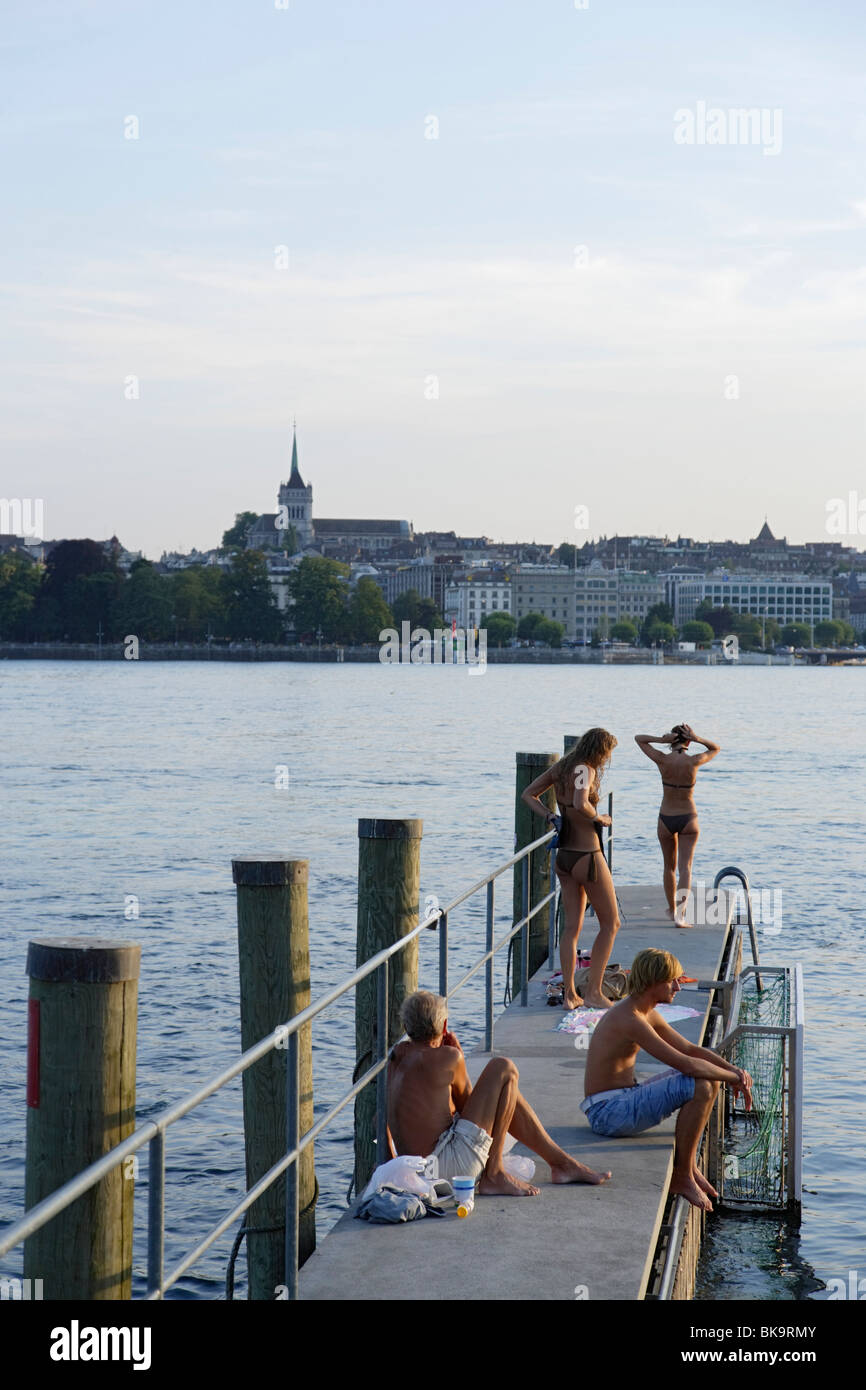 Bains des Pâquis, jetée, Genève, Canton de Genève, Suisse Banque D'Images