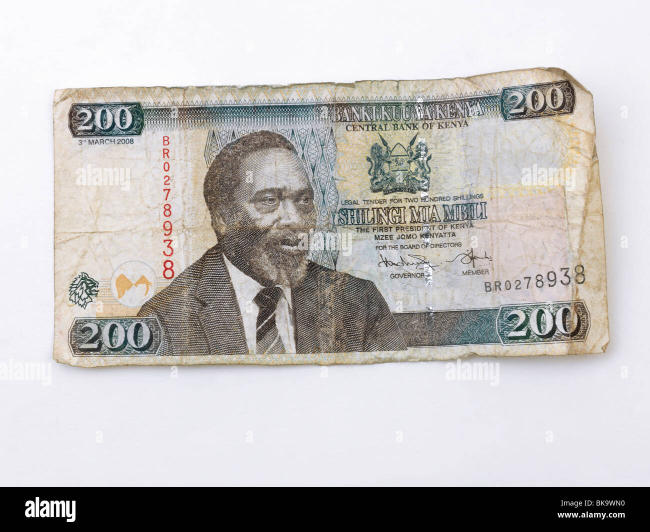 Billet Kenyan Mzee Jomo Kenyatta Premier Président du Kenya sur l'autre face de 200 shillings Banque D'Images
