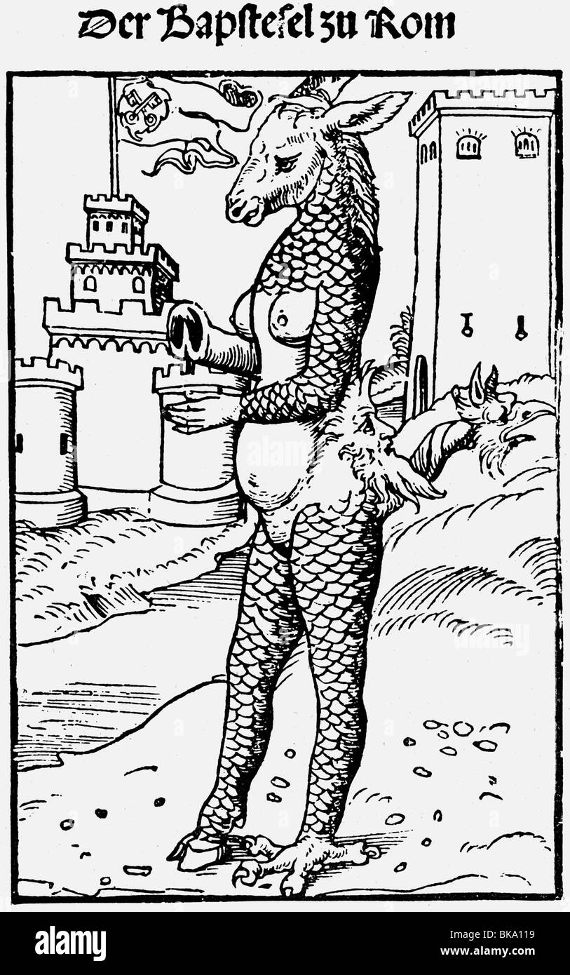 Événements, réforme protestante, caricature anti-papale, le Pape-Donkey de Rome, boisés par Lucas Cranach The Elder, 1523, , Banque D'Images