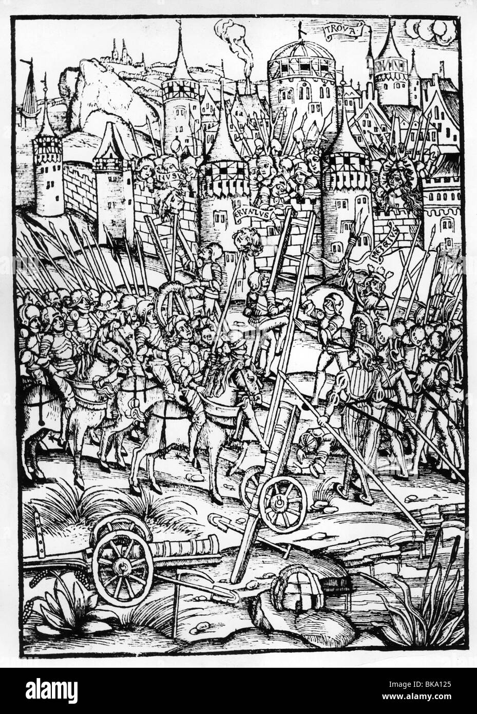 Militaire, Moyen âge, cité médiévale assiégée, boiseries, 1502, Banque D'Images