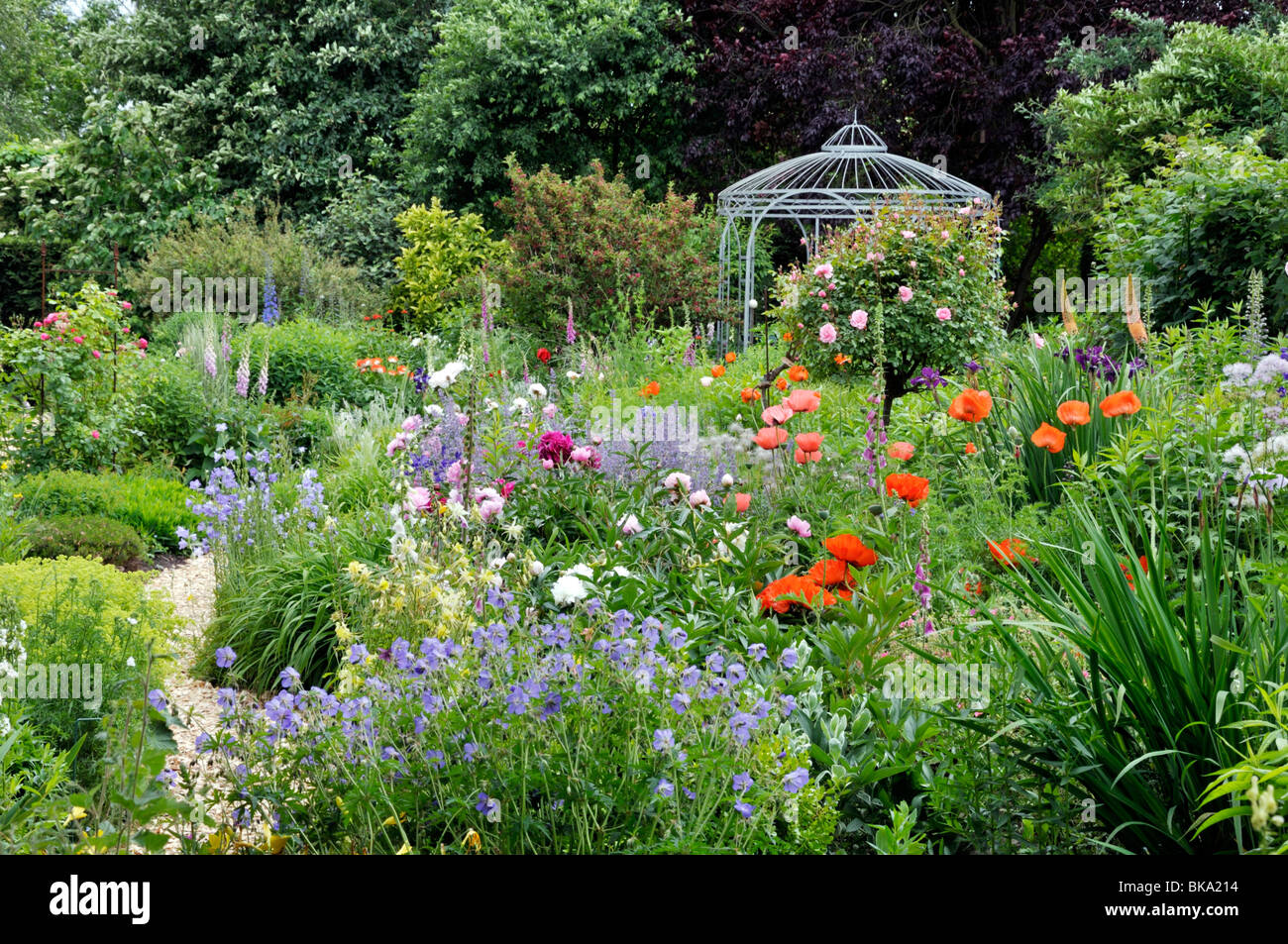 Cranesbills (géranium), pavot d'Orient (Papaver orientale), les rosiers (Rosa), de pivoines (Paeonia) et la digitale pourpre (digitalis) avec pavillon de jardin. design : Banque D'Images