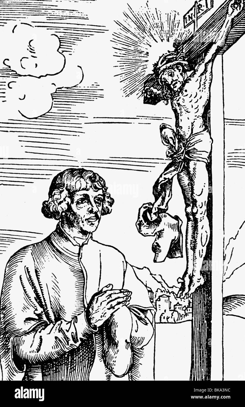 Spalatin, Georg, 17.1.1484 - 16.1.1545, humaniste et réformateur allemand, priant avant un crucifix, coupé en bois par Lucas Cranach l'aîné, 1515, , Banque D'Images