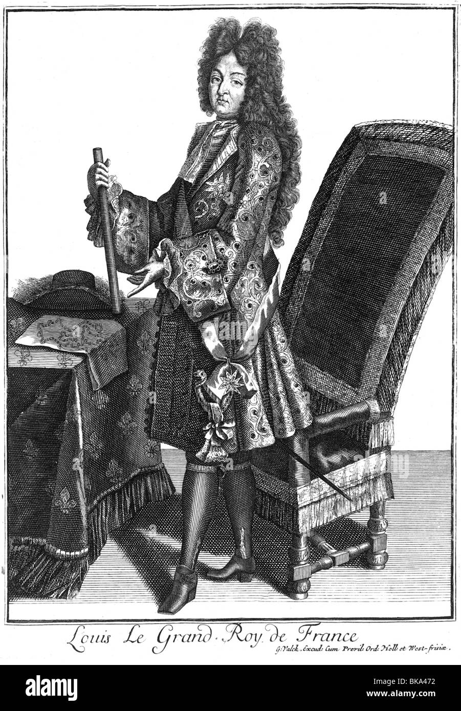 Louis XIV, 5.9.1638 - 1.9.1715, Roi de France 1643 - 1715, pleine longueur, gravure sur cuivre par Gerard Valck (vers 1652 - 1726), auteur de l'artiste n'a pas à être effacée Banque D'Images