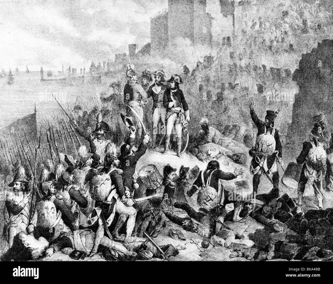 Événements, guerre de la deuxième coalition 1799 - 1802, campagne orientale du général Napoléon Bonaparte, siège d'Acre, 18.3.- 20.5.1799, tentative d'assaut français, lithographie de Charles Motte (1785 - 1836), guerre révolutionnaire française, guerres napoléoniennes, Orient, Palestine, Empire ottoman, Galilée, défaite, soldats, attaque, Akko, XVIIIe siècle, peuple historique, peuple Banque D'Images