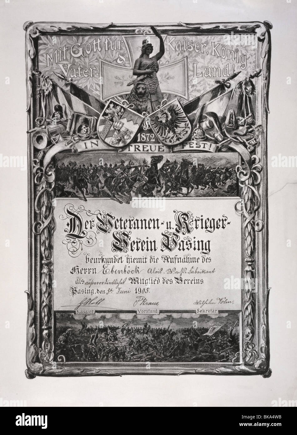 Militaire, Allemagne, Bavière, certificat d'adhésion, ligue des anciens combattants Pasing, délivré pour Aois Ebenboeck, 5.6.1905, Banque D'Images