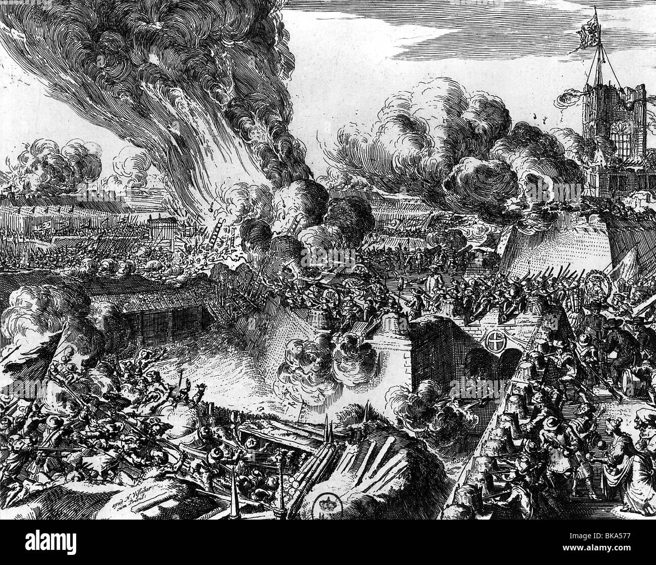 Événements, Grande guerre turque 1683 - 1699, siège de Vienne 1683, les défenseurs repoussent une attaque turque, gravure de cuivre par Romeyn de Hooghe (1645 - 1708), Empire ottoman, Autriche, guerres, forteresse, siège, garnison impériale sous le commandement du comte Ernst Ruediger von Starhemberg, Turcs sous le Grand Vizier Kara Mustafa Pasha, Attaque, soldats, assaut, redoute, XVIIe siècle, historique, historique, Rudiger, Rüdiger, peuple, Banque D'Images