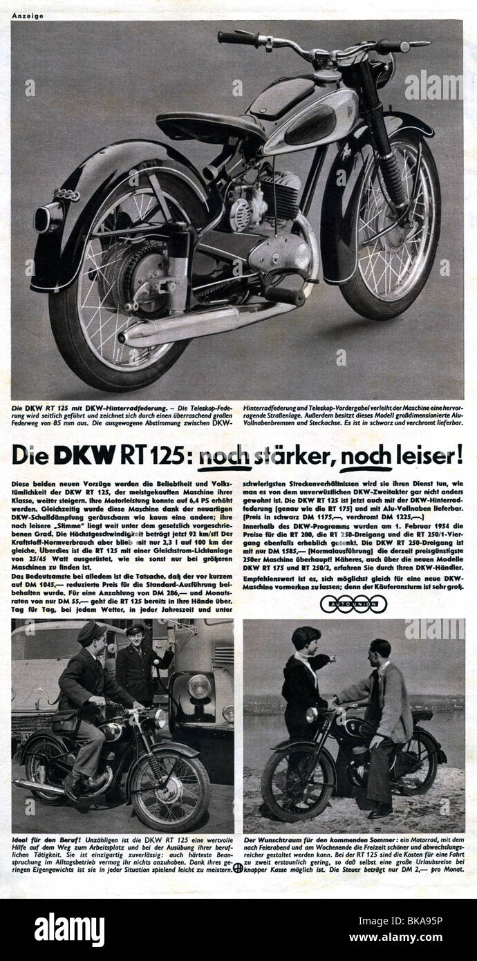 Publicité, moto, DKW RT 125, publicité dans un magazine, 1954, historique, historique, presse/médias, Allemagne, années 1950, années 50, XXe siècle, page, marque, technique, personnes, Banque D'Images