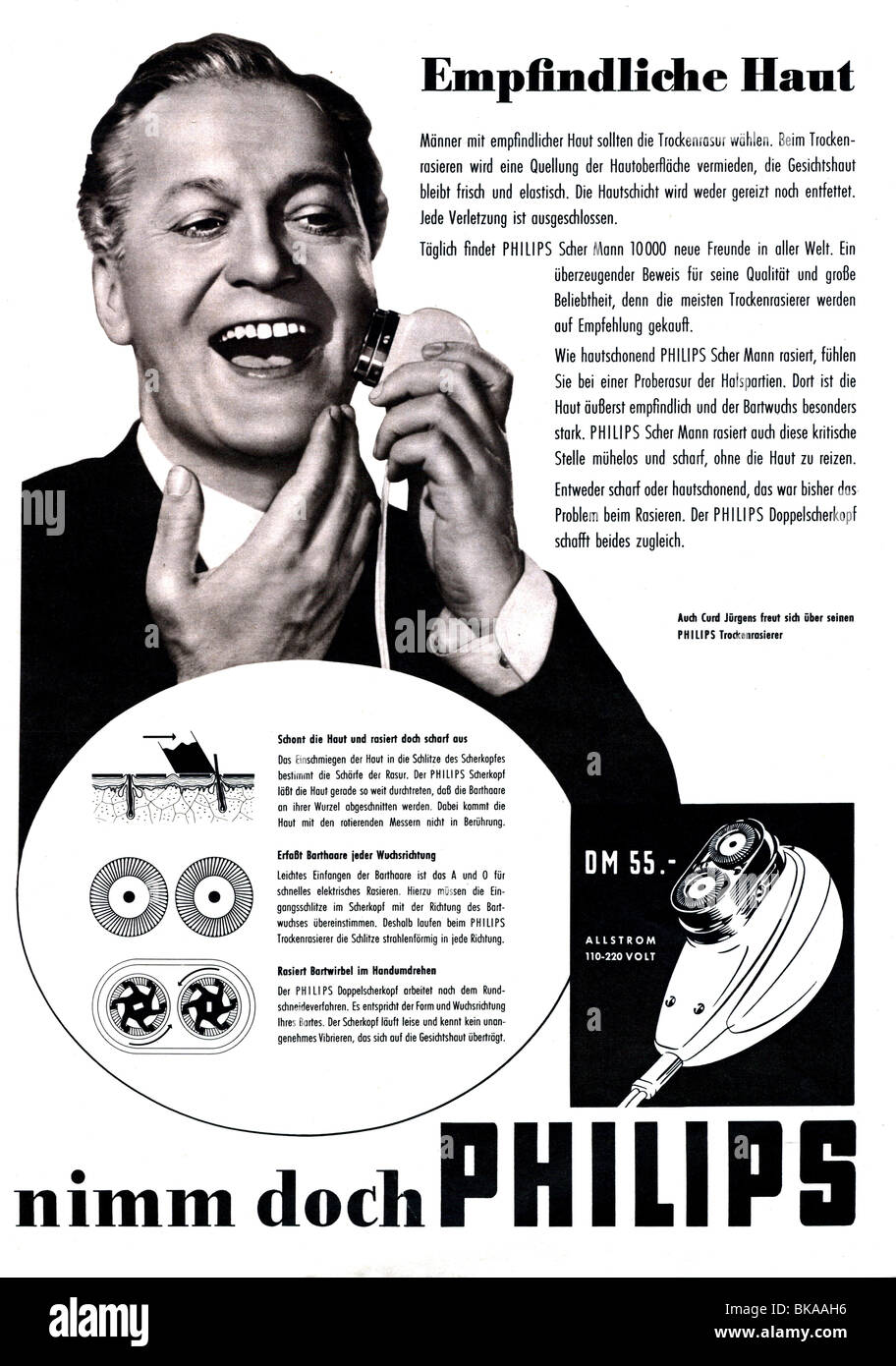 Publicité, cosmétiques, soins de la peau, rasoir à sec Philips, publicité dans un magazine, 1955, Banque D'Images