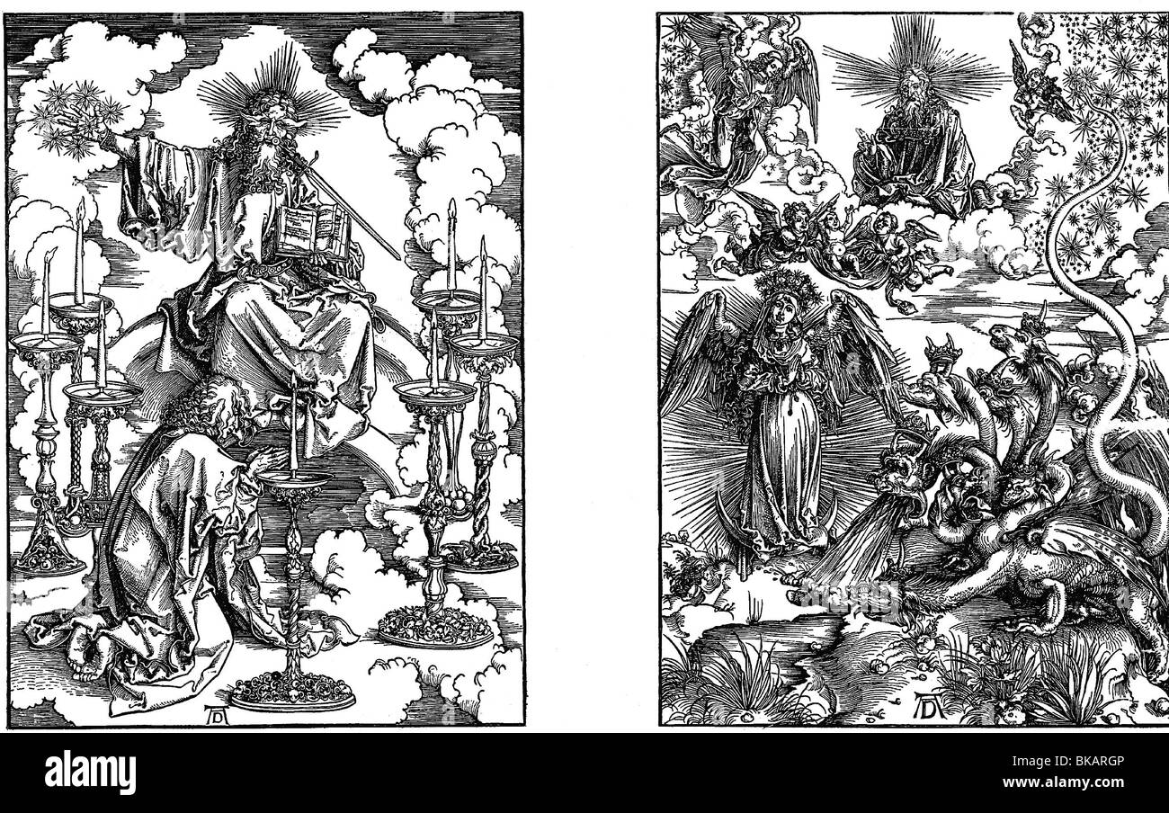 La religion, le christianisme, l'apocalypse, gravure sur bois, 1er et 9e feuille par Albrecht Dürer, 1498, l'artiste n'a pas d'auteur pour être effacé Banque D'Images