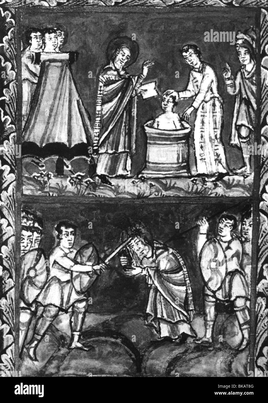 Saint Boniface (Winfrid), 672/673 - 5.6.754, saint, apôtre des Allemands, baptême et mort, après miniature, Fulda Sacmentar, vers 1020, Banque D'Images