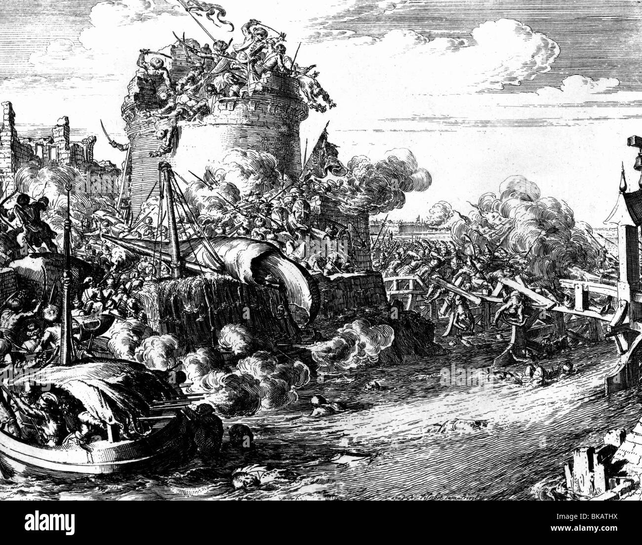 Événements, Grande guerre turque 1683 - 1699, Siège de Vienne 1683, les Turcs capturent le Tabor, gravure de cuivre de Romeyn de Hooghe (1645 - 1708), guerres, bataille, Empire ottoman, Turcs, Kara Mustafa Pasha, comte Ernst Ruediger von Starhemberg, Autriche, pont, tour, historique, XVIIe siècle, Rudiger, Rüdiger, peuple Banque D'Images