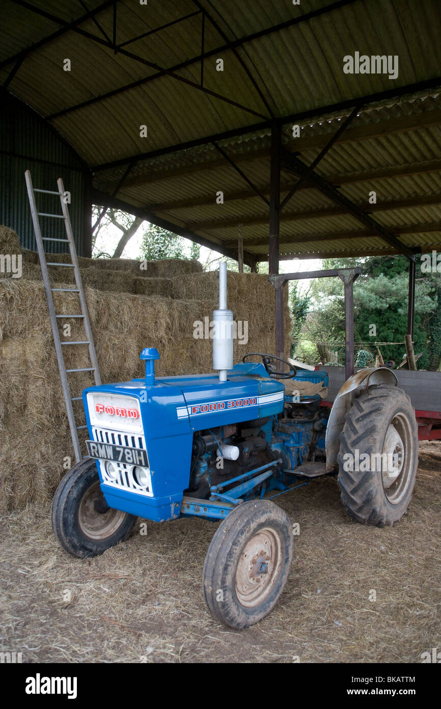 Vieille Ford Tracteur garé dans un hangar à foin Banque D'Images