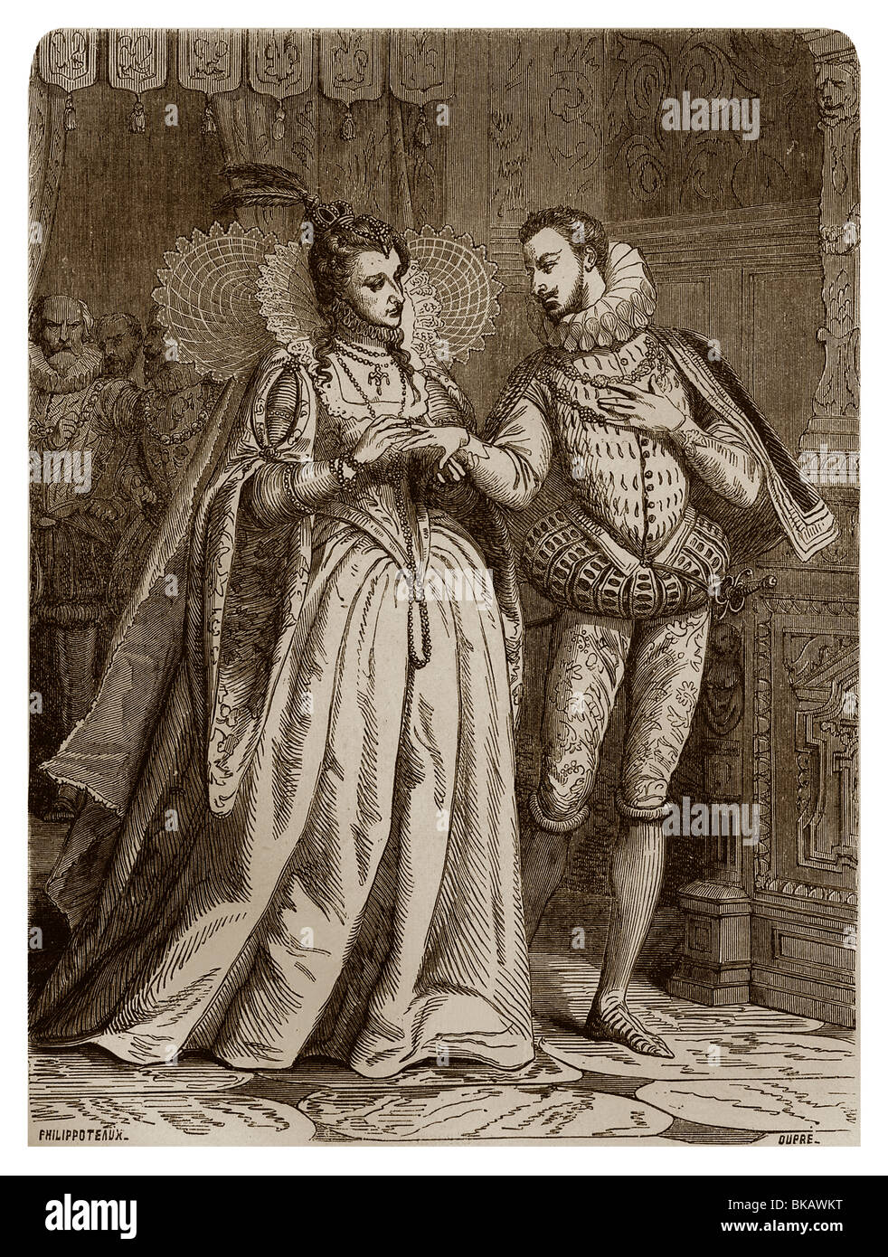 En 1581, Élisabeth Ire d'Angleterre mettant un anneau sur le doigt de François, duc d'Alençon et d'Anjou. Banque D'Images