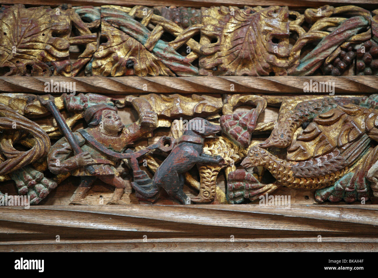 Les sculptures sur bois sur le jubé de l'église St Buryan à Cornwall en Angleterre Banque D'Images