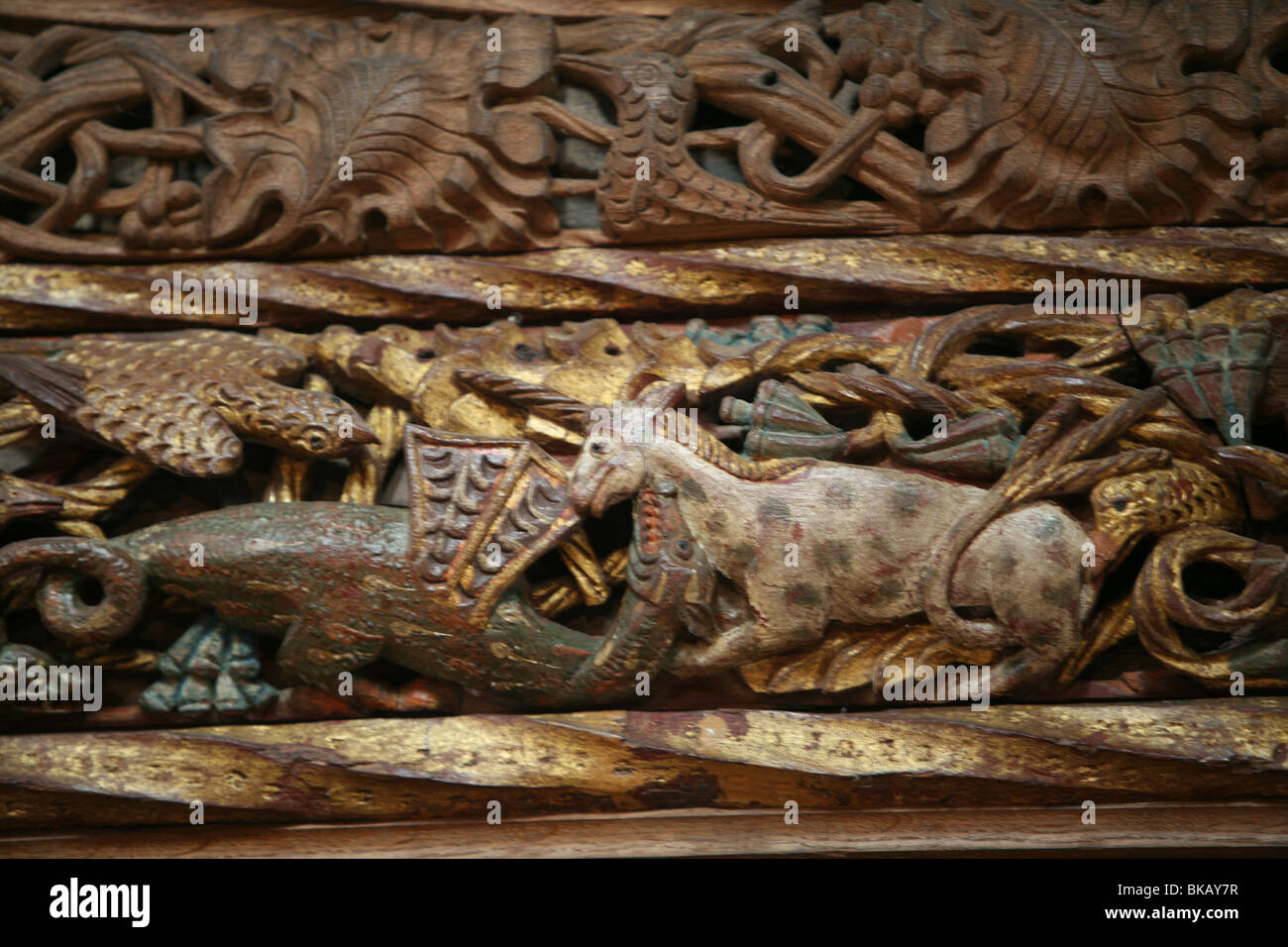 Les sculptures sur bois sur le jubé de l'église St Buryan à Cornwall en Angleterre Banque D'Images