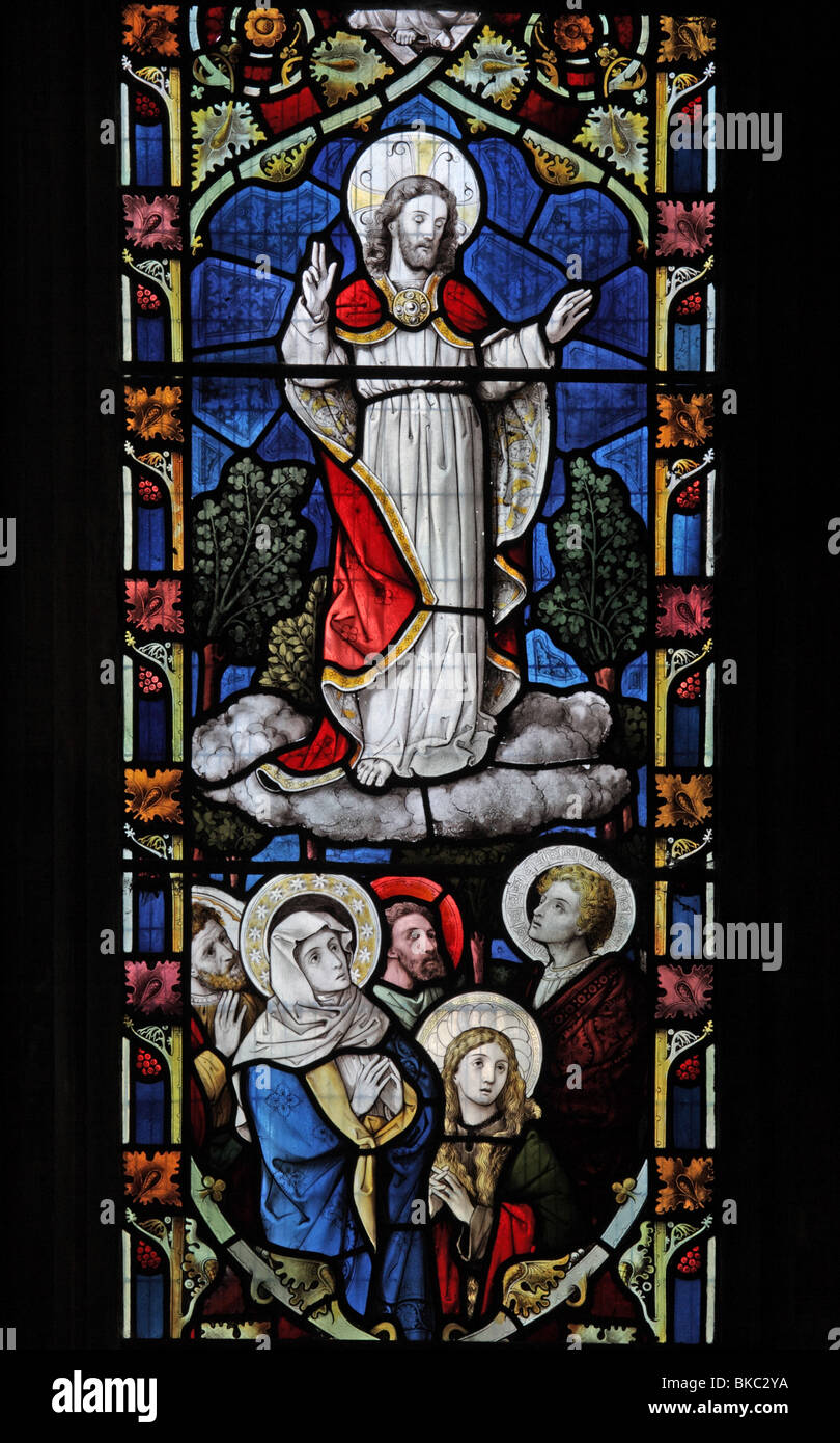 Un vitrail représentant l'Ascension de Jésus Christ, l'église St Mary vierge, Tysoe, Warwickshire Banque D'Images