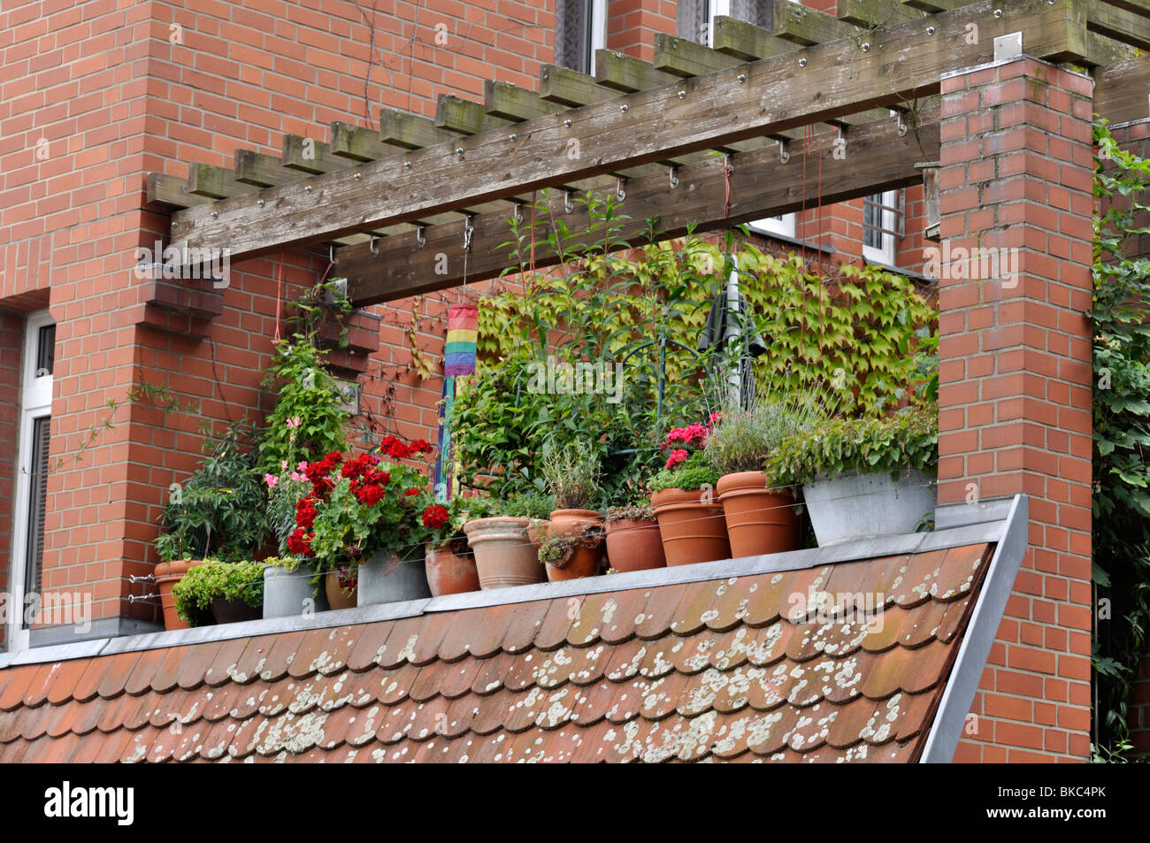 Balcon avec des plantes en pot Banque D'Images