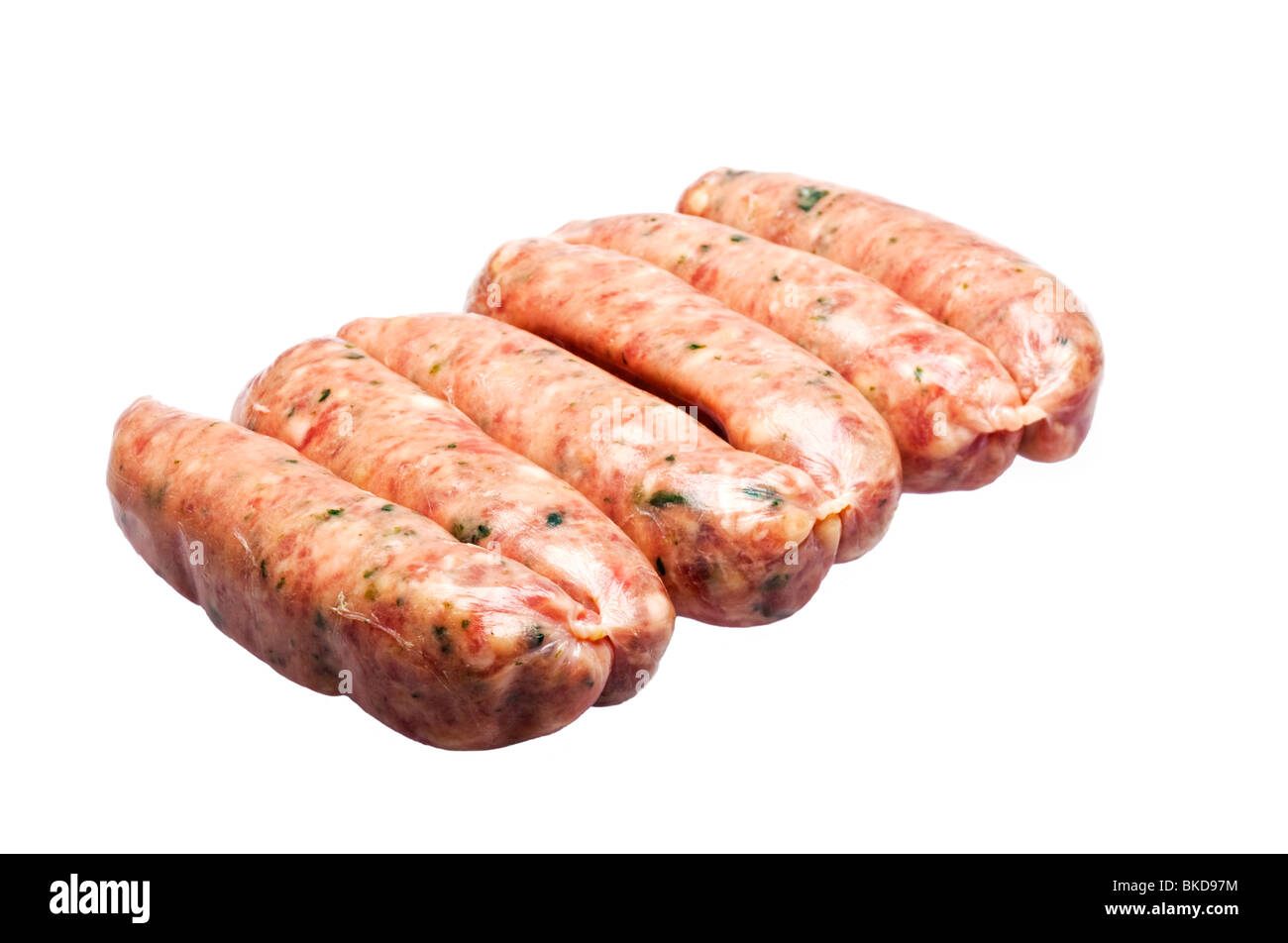 Saucisses de porc et d'herbes sur blanc Banque D'Images Saucisses de porc et d'herbes sur blanc Banque D'Images