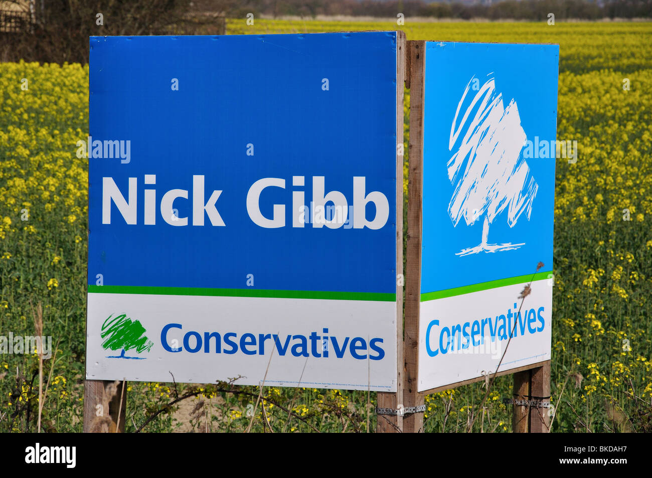 Affiche électorale du parti conservateur dans le champ, près de Middleton-sur-Mer, West Sussex, Angleterre, Royaume-Uni Banque D'Images