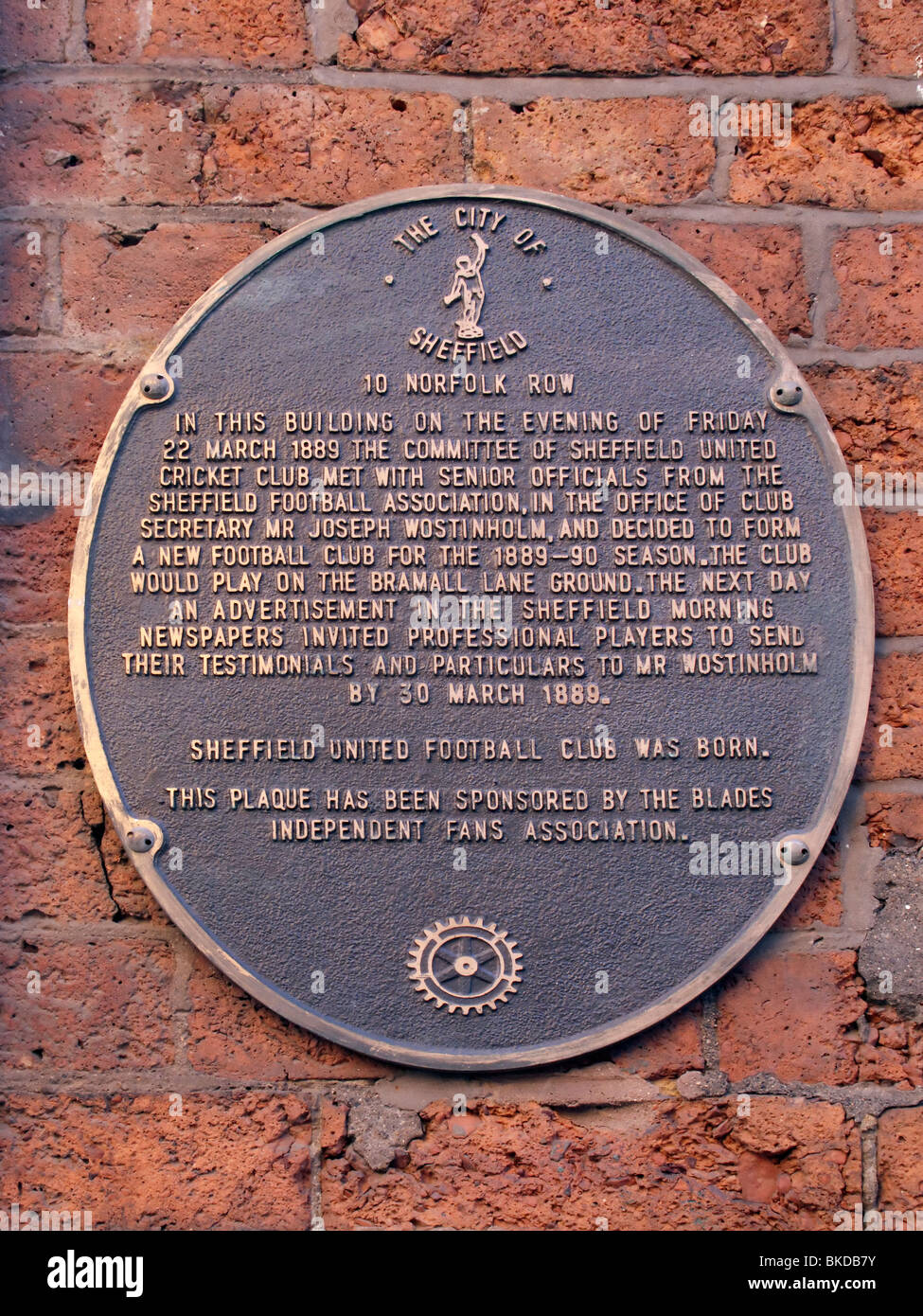 Plaque commémorant la fondation de Sheffield United FC Banque D'Images