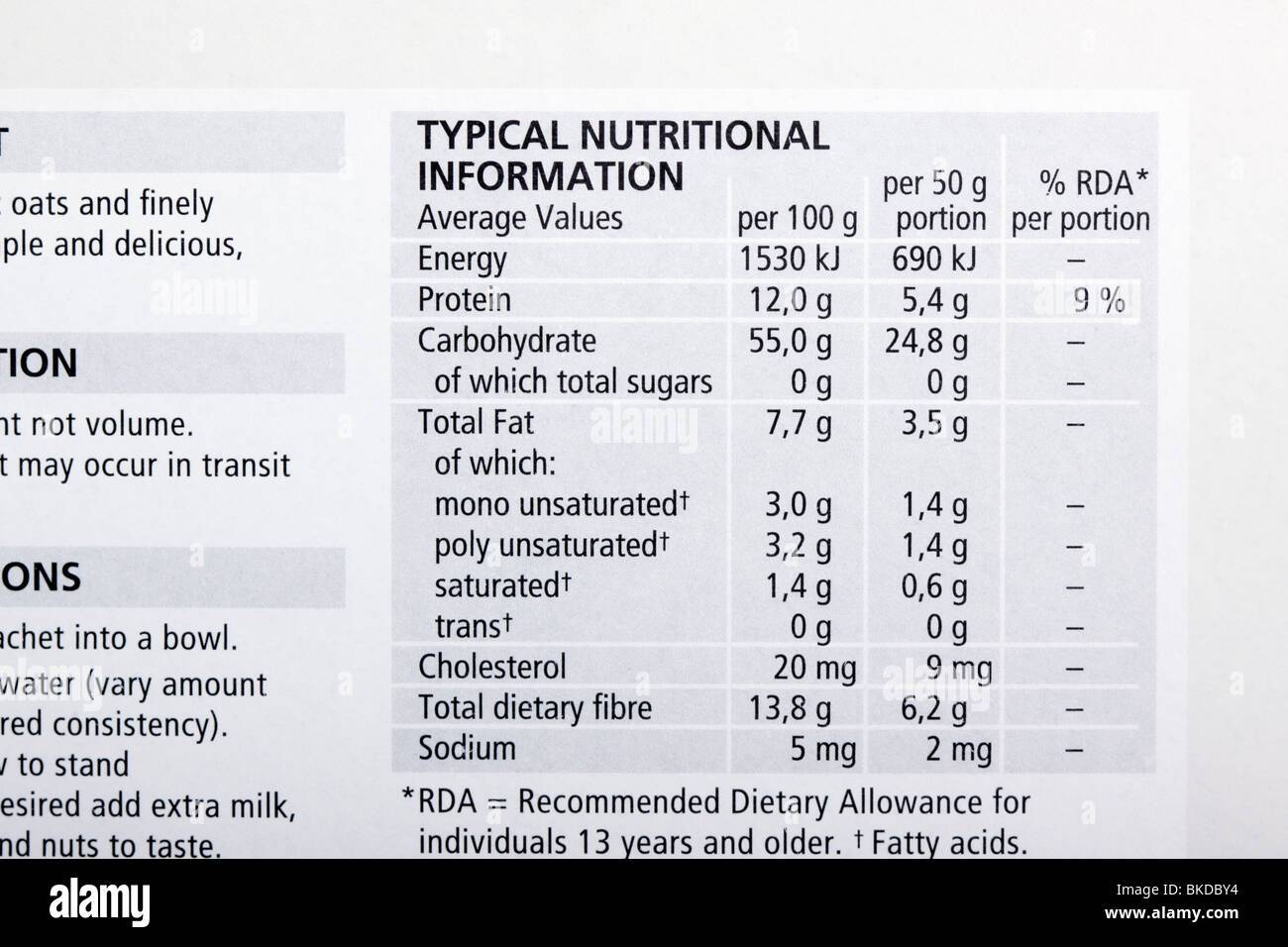 Close up detail de l'information nutritionnelle sur l'étiquette des aliments. Banque D'Images