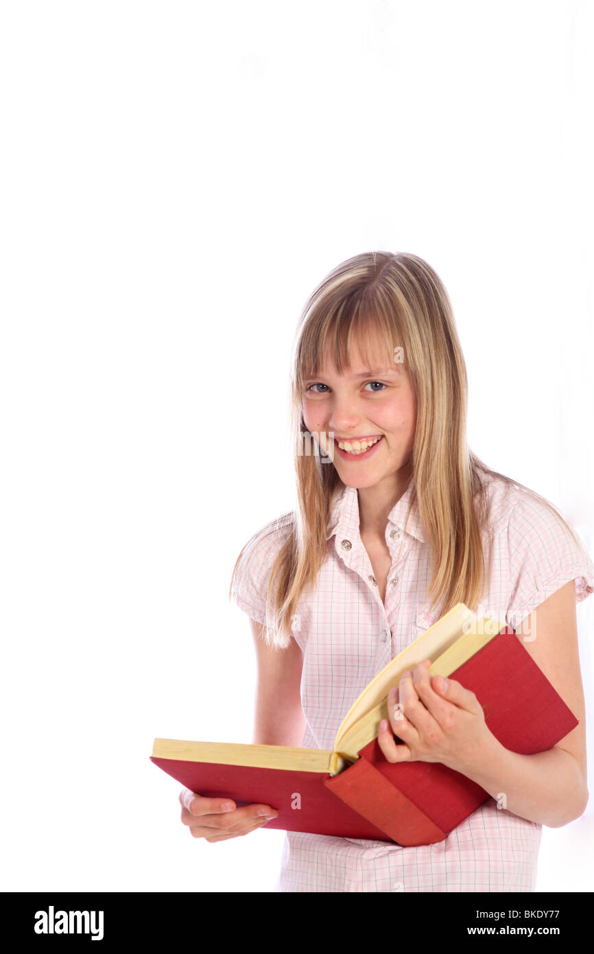 Fille blonde avec un livre - Fond blanc Banque D'Images