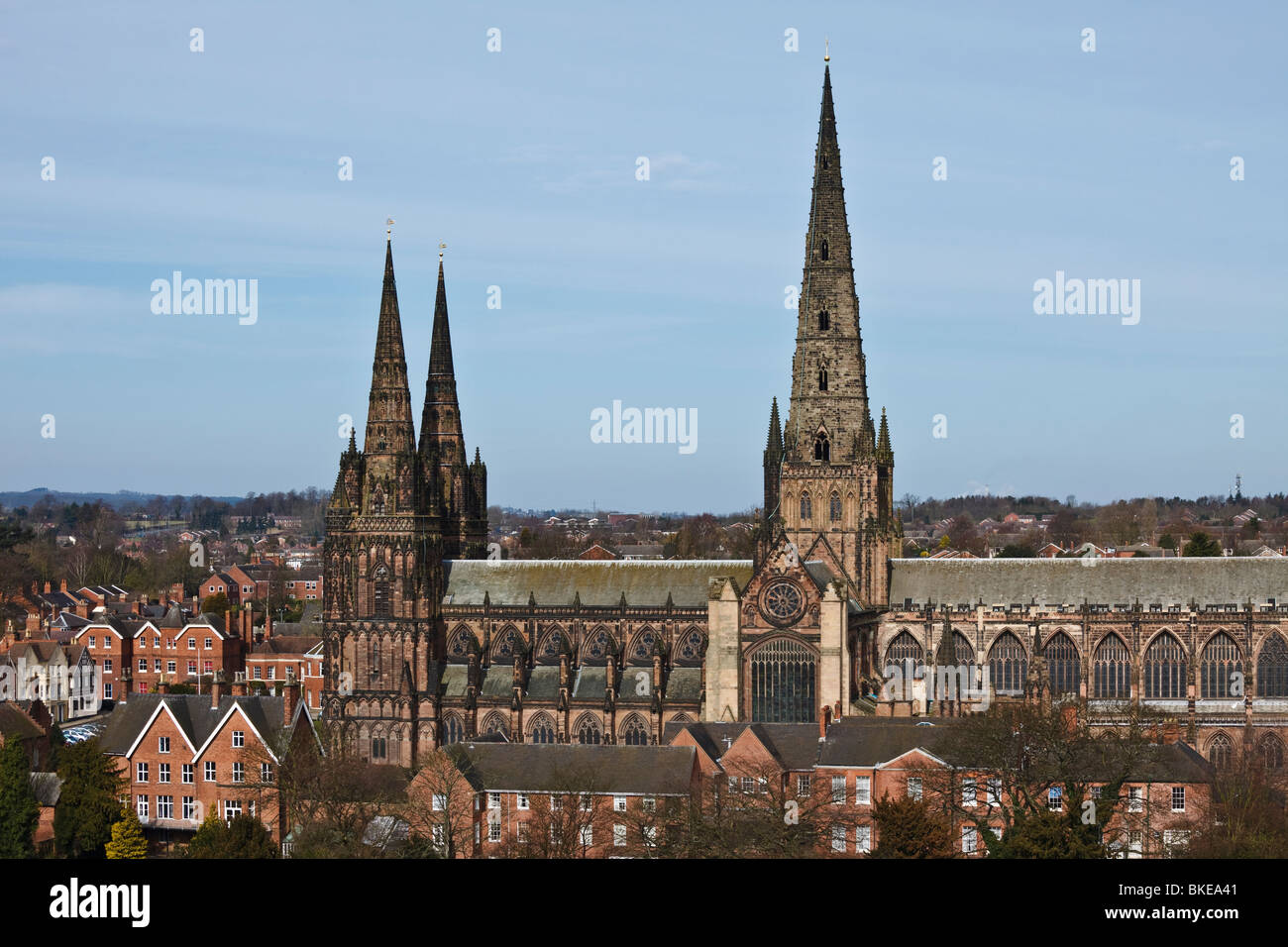 La Cathédrale de Lichfield vu de la spire de Lichfield Heritage Centre, Staffordshire. Banque D'Images