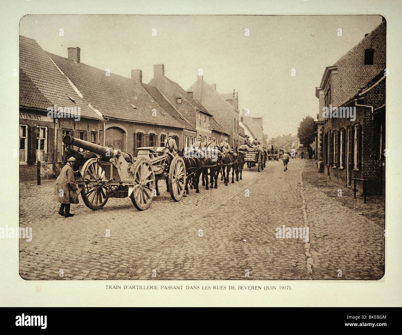 Les soldats de l'artillerie belge du transport de canons à cheval dans une village Beveren en Flandre pendant la Première Guerre mondiale, la Belgique Banque D'Images