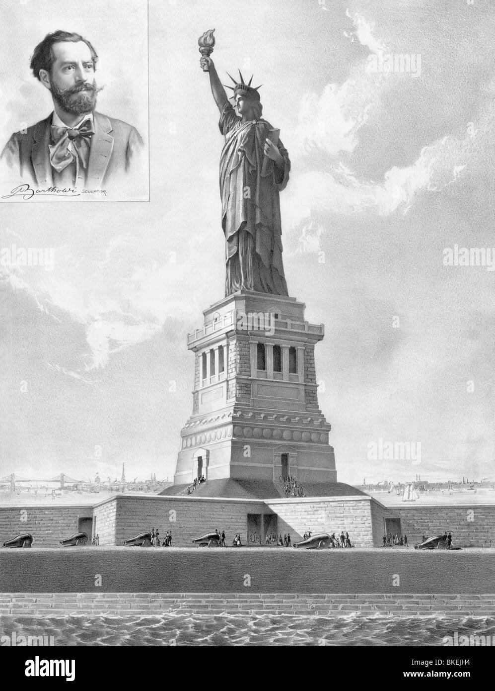 Vintage print c1886 de la Statue de la liberté et de l'encart portrait (en haut à gauche) du sculpteur et designer Frédéric Auguste Bartholdi. Banque D'Images