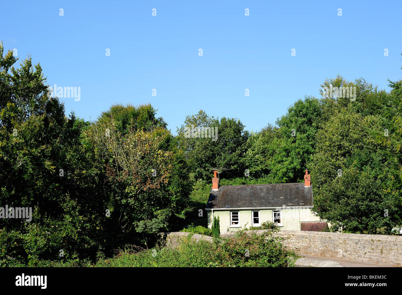 Une petite maison de campagne, entièrement entourée de verdure, sous un ciel d'été. L'espace pour le texte dans le ciel. Banque D'Images