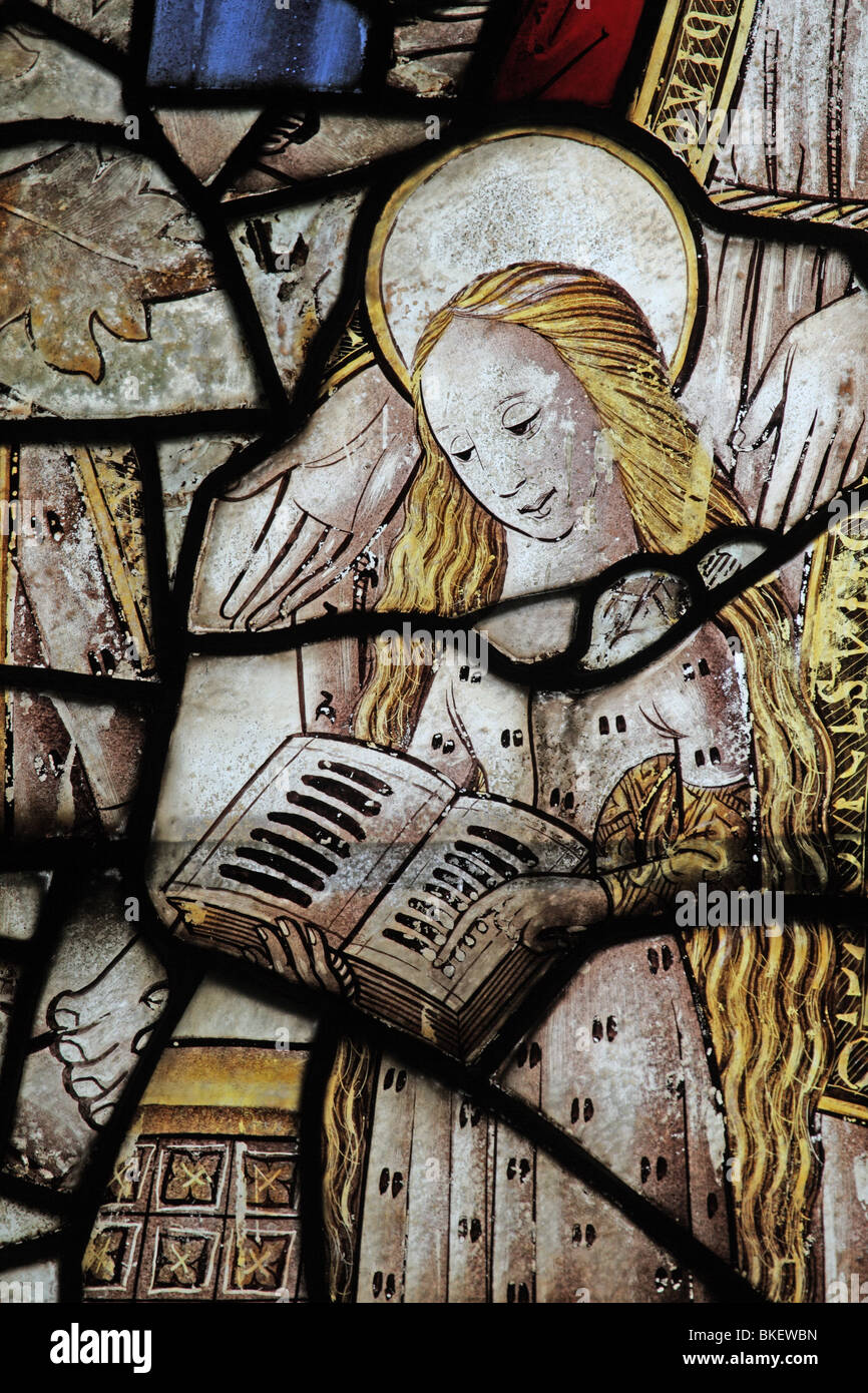 Détail d'un vitrail médiéval représentant la Vierge Marie comme un enfant qui apprend à lire par Sainte Anne Banque D'Images