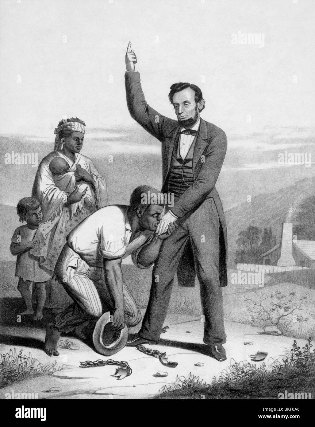 Tirage d'époque vers 1862 représentant le président des États-Unis Abraham Lincoln d'être embrassé sur la main par un esclave affranchi. Banque D'Images