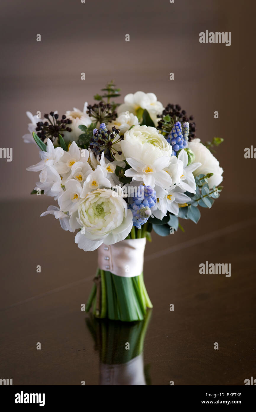 Bouquet de fleurs de printemps ou posy y compris ranunculus, jonquille, muscari, Hedera Banque D'Images