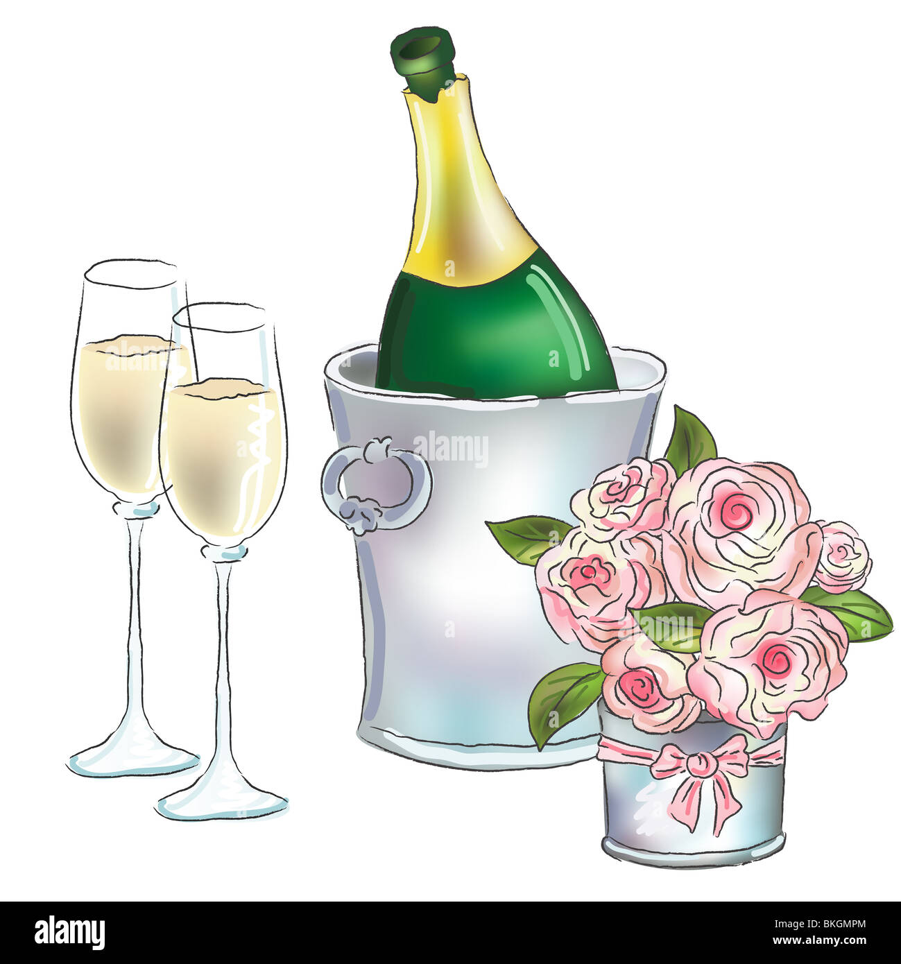 Illustration à la main, verres de champagne et roses. Banque D'Images