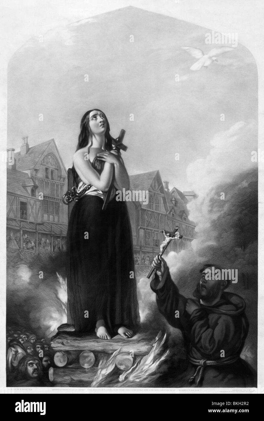 Circa 1851 Vintage print représentant Jeanne d'Arc étant brûlé sur le bûcher le 30 mai 1431. Banque D'Images