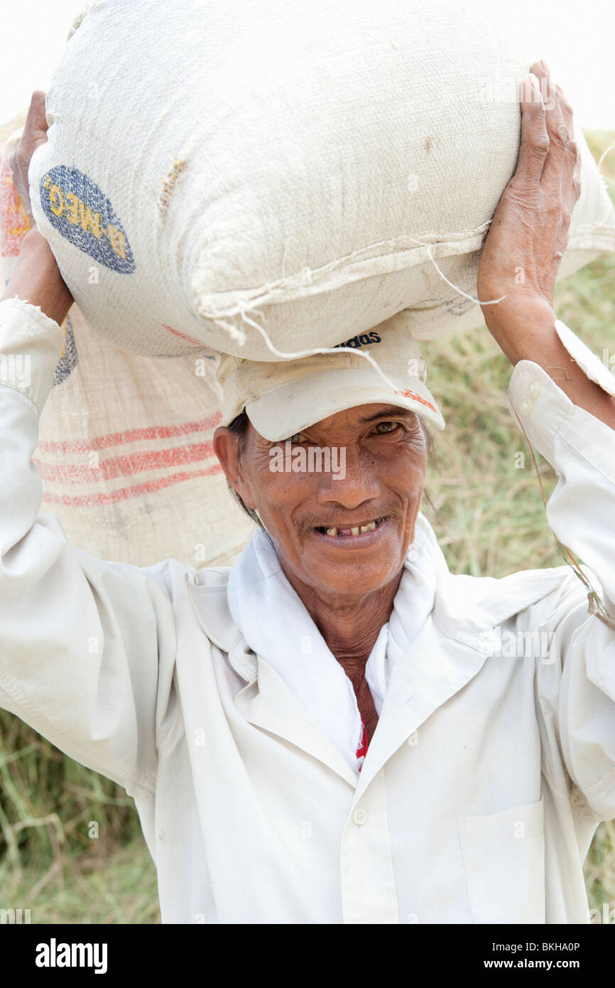 Vieil homme exerçant son sac de riz sur la tête ; Batangas ; le sud de Luzon, Philippines Banque D'Images