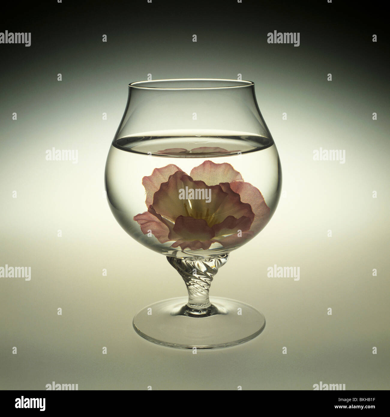 Avec verre de brandy sur la table lumineuse de fleurs artificielles Banque D'Images