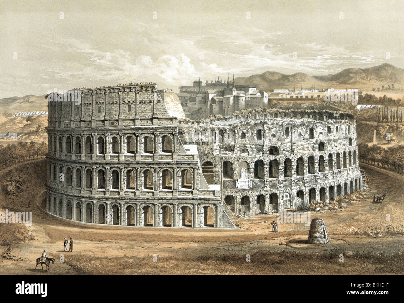Circa 1872 Vintage lithographie du Colisée à Rome, Italie, tel qu'il apparaissait dans la dernière partie du xixe siècle. Banque D'Images