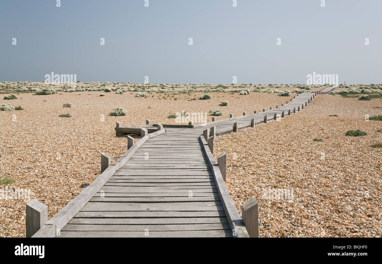 Une promenade en bois qui mène à la plage de galets vers la mer à Dungeness Kent UK Banque D'Images