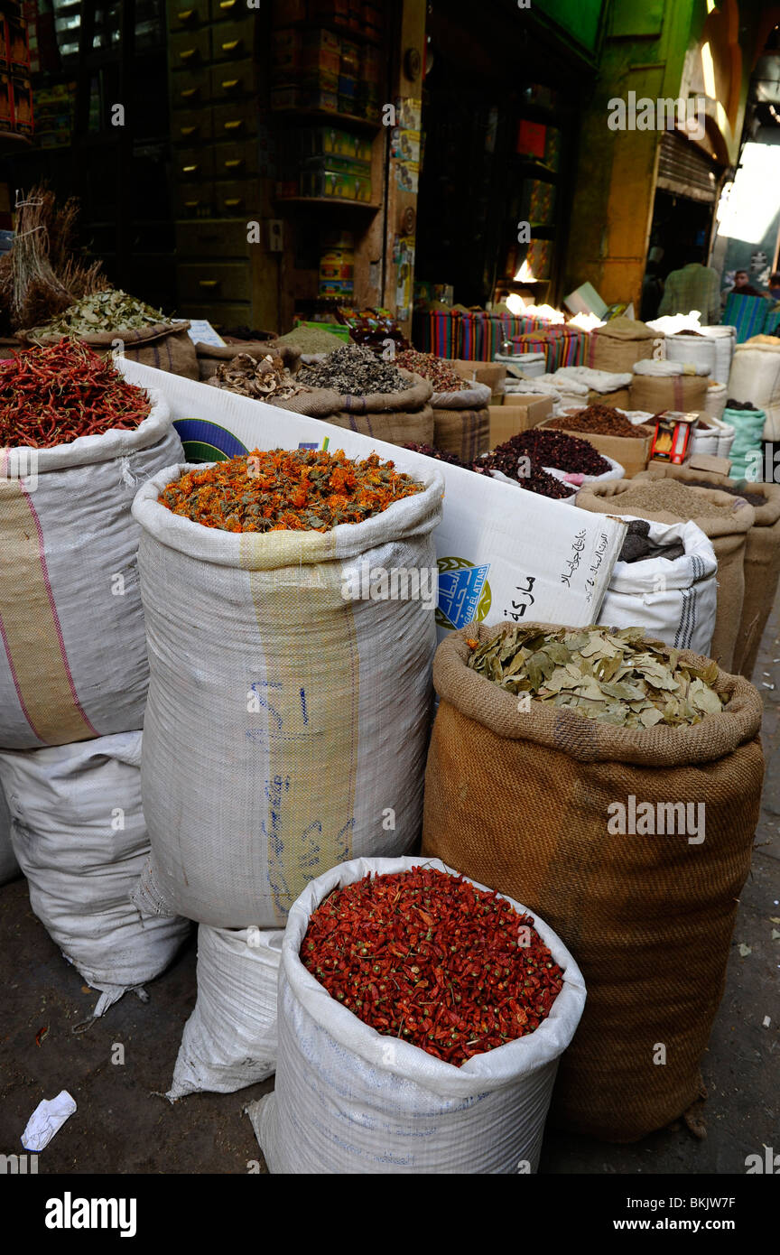 Étrange et coloré les épices et fines herbes égyptienne,Spice Bazaar (Sharia al-Muizz rue) ,bazar Khan el-Khalili, le Caire islamique, l'Egypte Banque D'Images