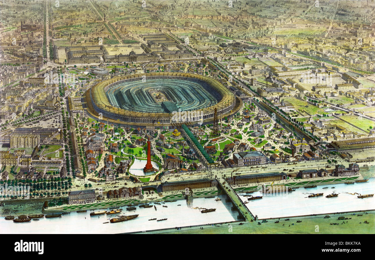 Lithographie contemporaine d'impression couleur montrant une vue aérienne de l'Exposition Universelle de Paris (exposition universelle) en 1867. Banque D'Images