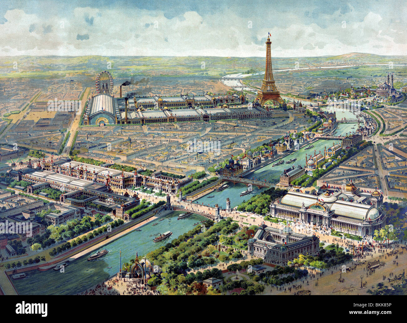 Lithographie contemporaine d'impression couleur montrant une vue aérienne de l'Exposition Universelle de Paris (exposition universelle) en 1900. Banque D'Images