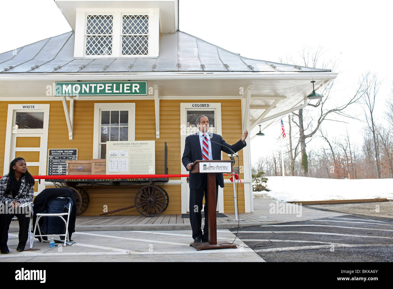 Un invité le président prononce un discours à l'entrée de Montpelier, Virginie. Banque D'Images