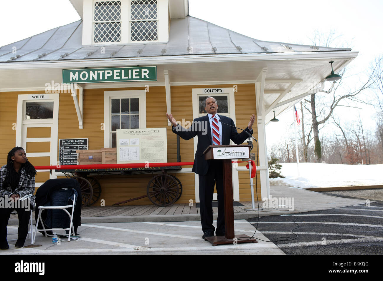 Un invité le président prononce un discours à l'entrée de Montpelier, Virginie. Banque D'Images