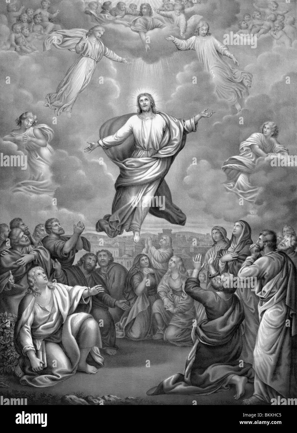 Affiche lithographie vers 1884 représentant l'Ascension de Jésus-Christ au ciel après sa résurrection. Banque D'Images