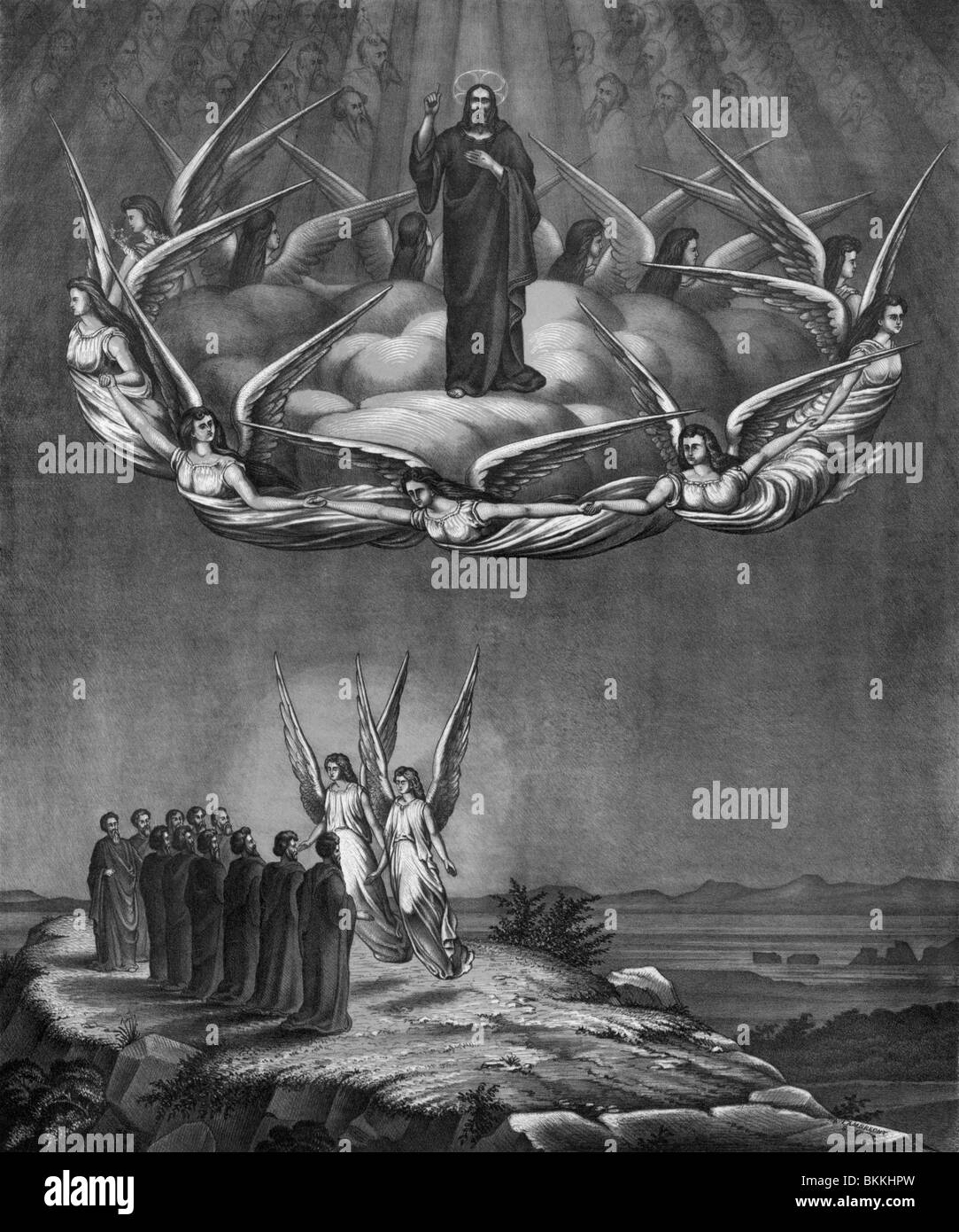 Circa 1873 Vintage lithographie représentant l'Ascension de Jésus-Christ au ciel après sa résurrection. Banque D'Images