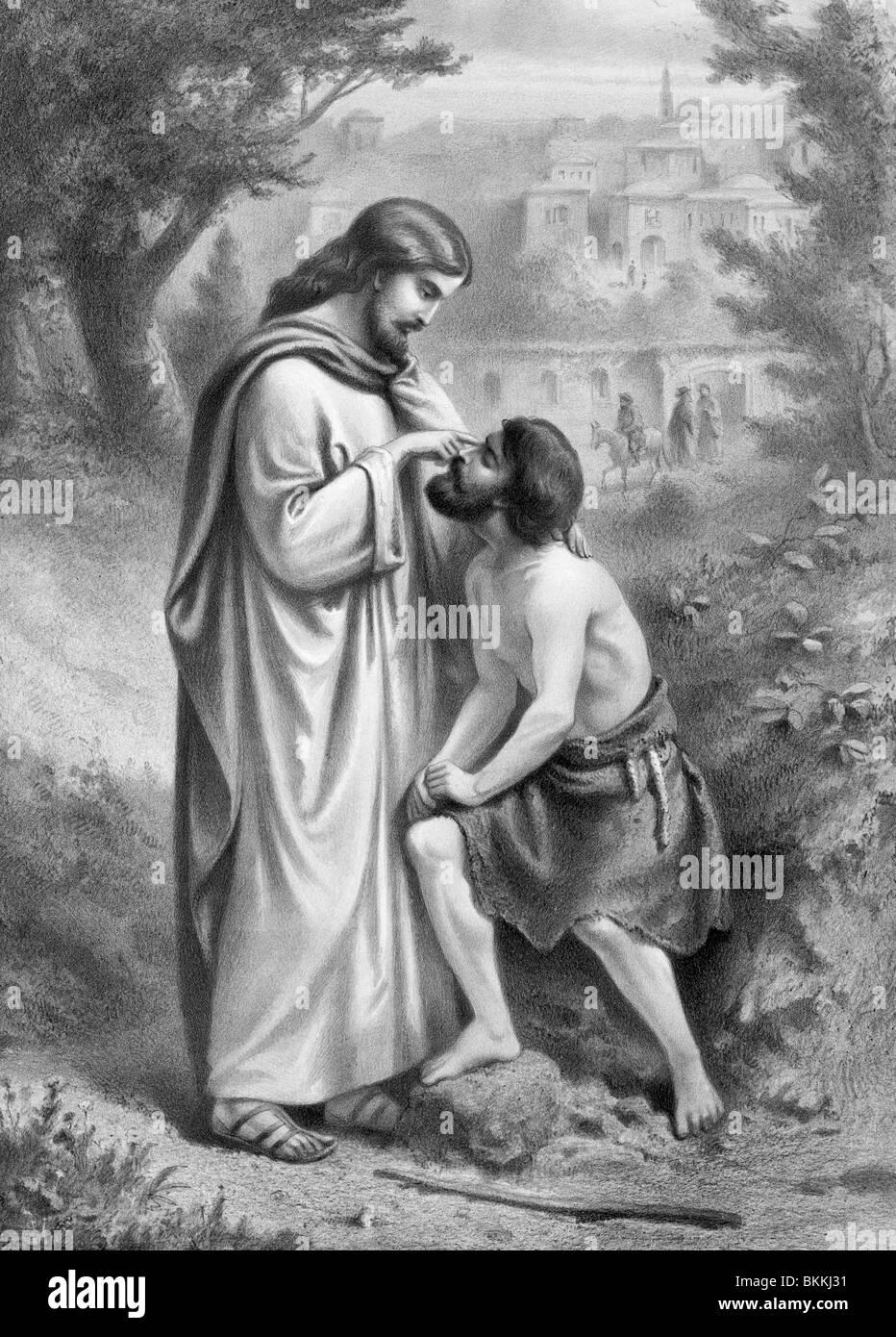 Vintage print c1873 (représentant le Christ de recouvrer la vue à un aveugle - un miracle décrit dans l'Évangile de Jean (chapitre 9). Banque D'Images