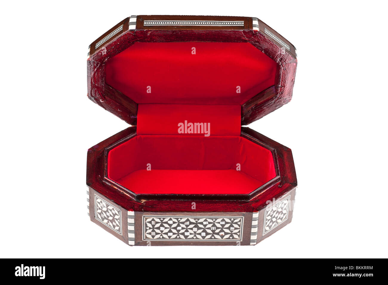 Huit côtés bordés de velours rouge boîte de bijoux Banque D'Images