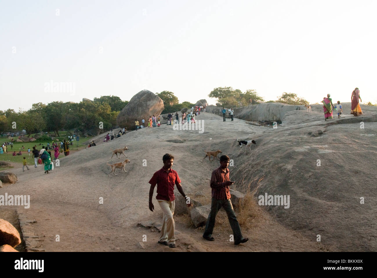 L'Inde, le Tamil Nadu, Mahabalipuram Krishna's butter ball - un équilibre entre rock Banque D'Images