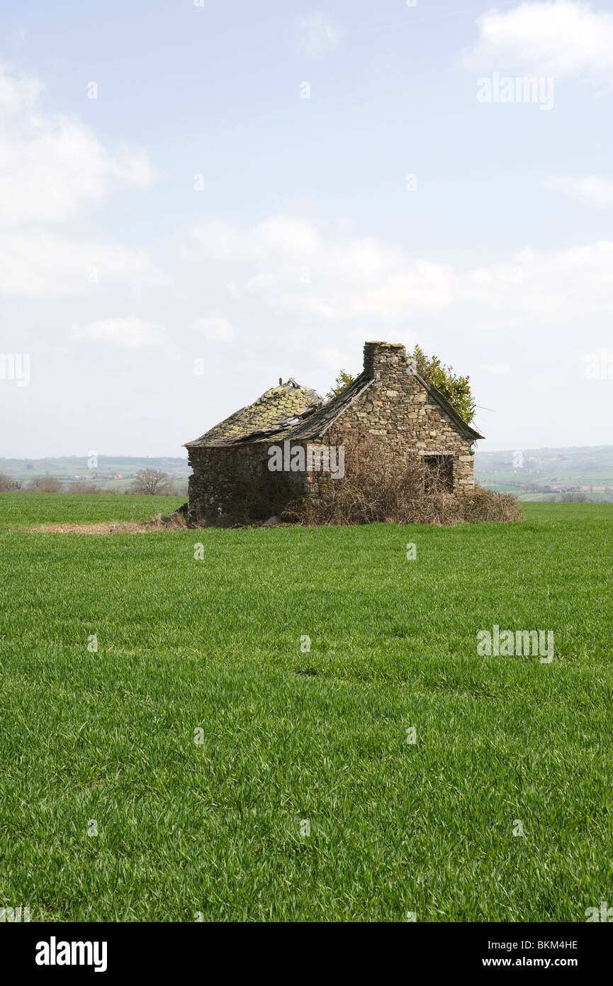 Une ancienne grange en pierre ou un chalet en ruines dans un champ sur une ferme près de Laval Aveyron France Banque D'Images